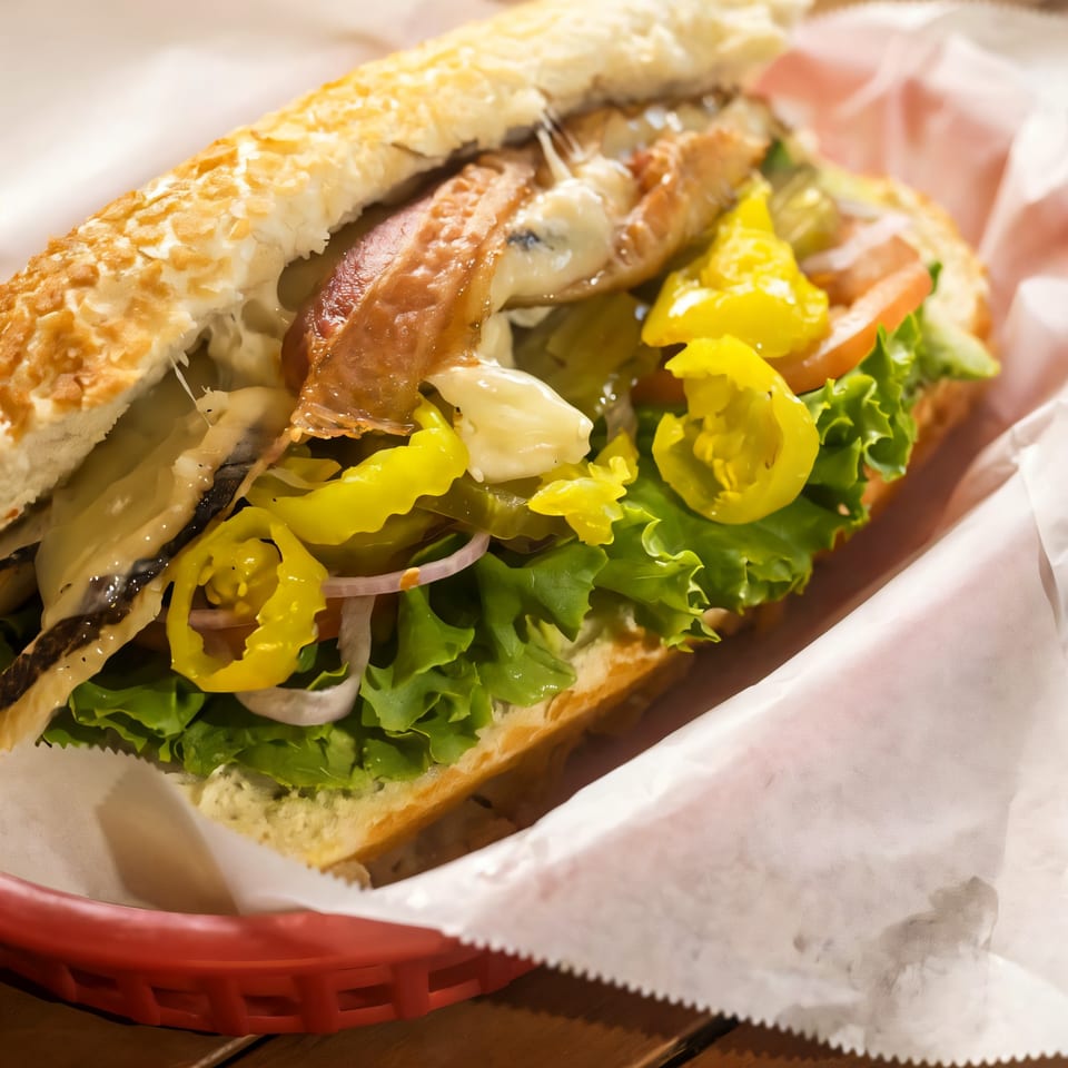 A close-up of a Sandwich Spot sandwich with bacon, cheese, lettuce, tomatoes, and peppers.