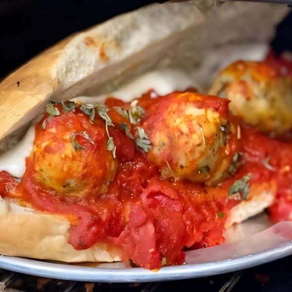 A close-up of a meatball sub from The Sandwich Spot, with marinara sauce, melted cheese, and herbs.
